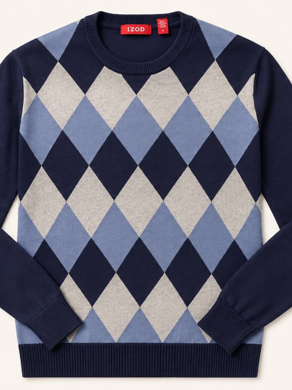 IZOD Men’s Medium Argyle Crewneck Sweater Navy Blue Gray Cream 100% cotton a 18
